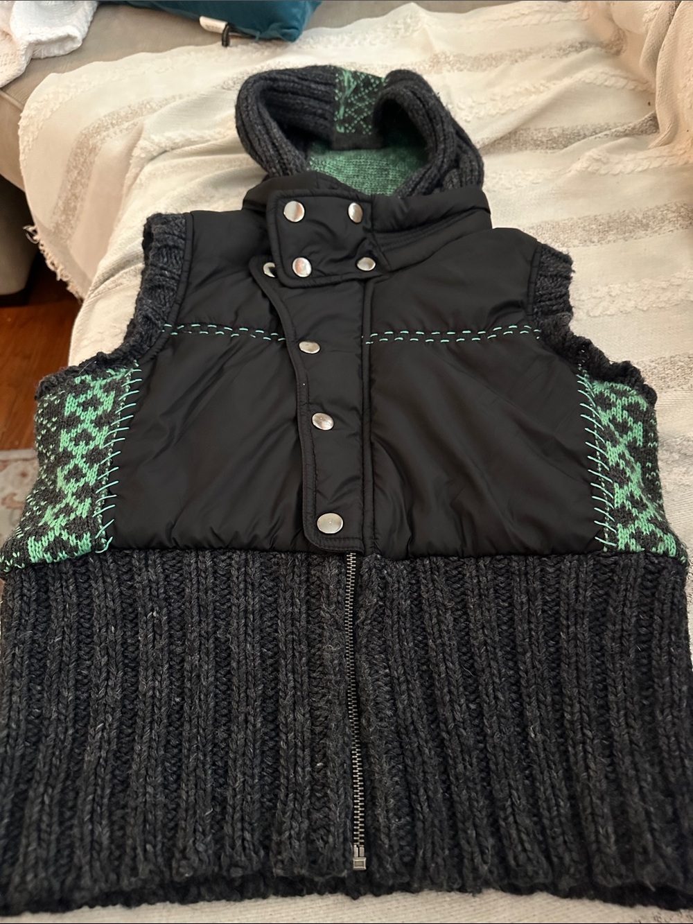 Free People Black Quilted and Charcoal Knit Hooded Vest with Mint Accents S